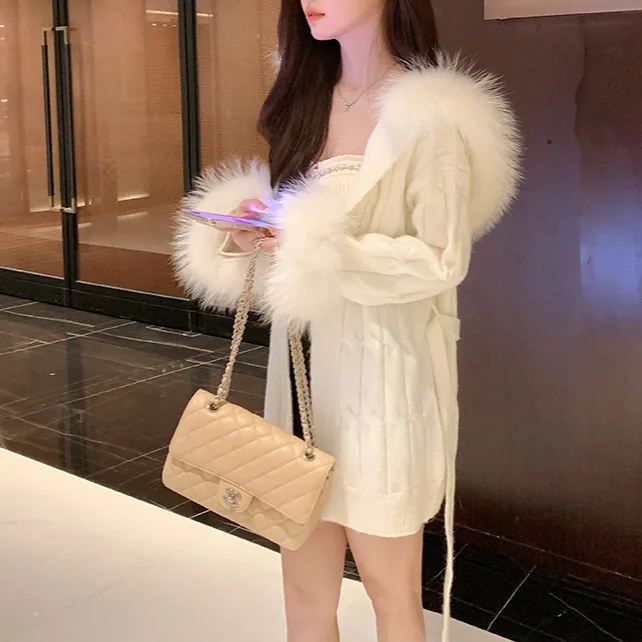 

7957 Spring Pure Desire Sexy White Braided Hooded Fox Fur Collar Lace-Up Mid-Length Cardigan Thickened Coat