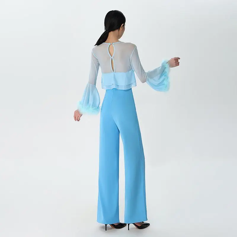 

High Waist StraightLatin Dance Pants Autumn Simple Commuting Moisture-wicking Fashion Recommend Discount Trousers Blue Green