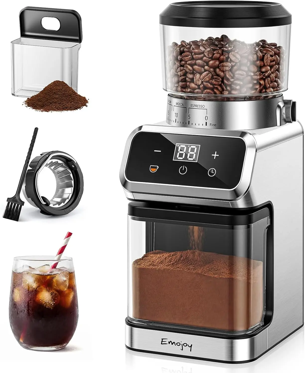 

30-Setting Conical Burr Coffee Grinder, Stainless Steel, LED Touch Panel, Compact for Home Use