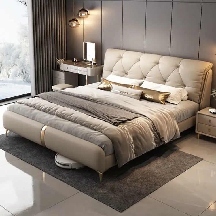 جلد فاخر خفيف، حقيبة ناعمة ومسند ظهر لغرفة النوم الرئيسية وسرير مزدوج لتخزين سرير الزفاف الفاخر