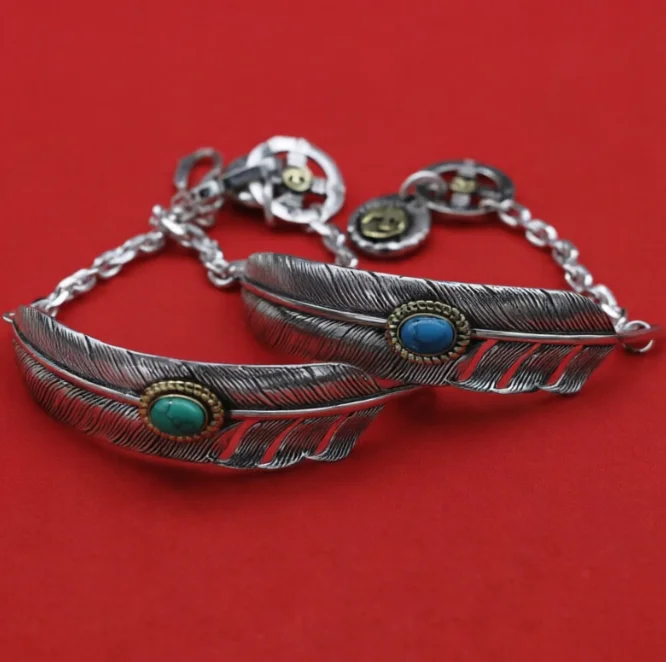 

Thai Silver Ethnic Style Couple Headwear 925 Sterling Silver Handmade turquoise Feather Bracelet