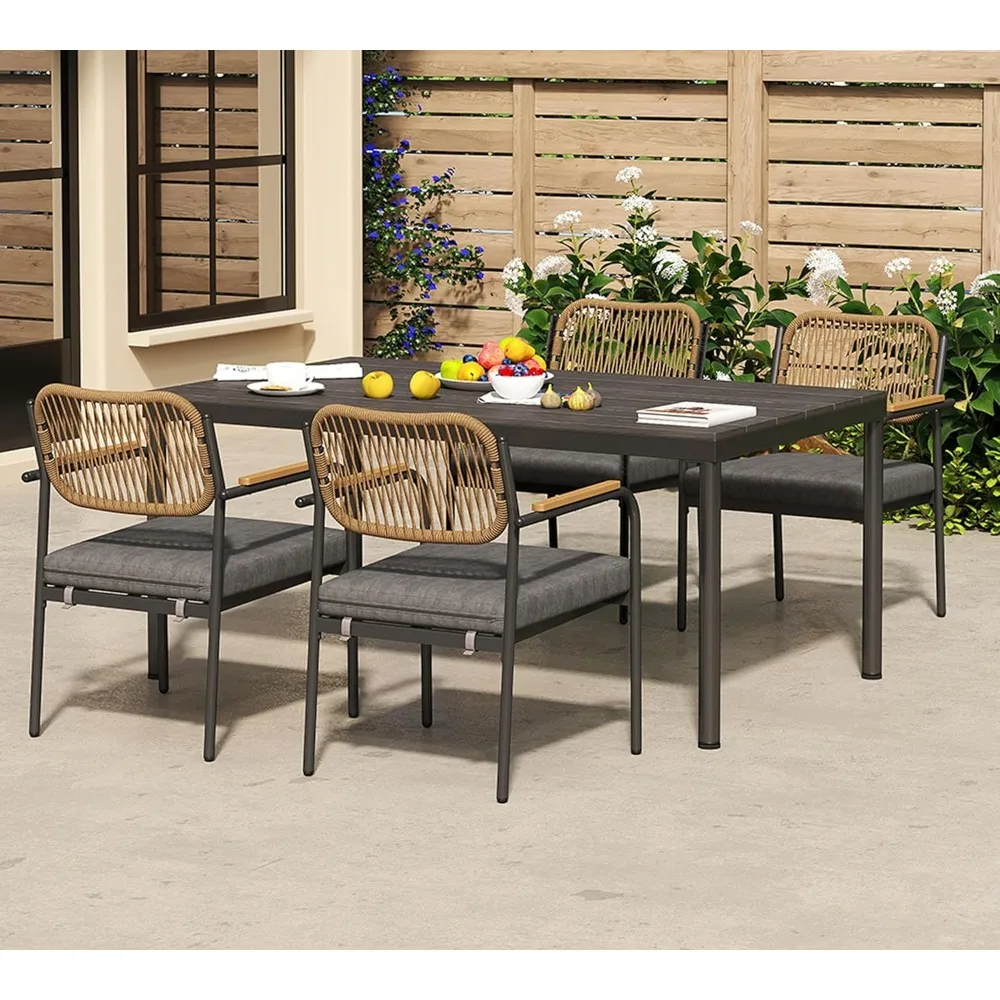 

Wicker Outdoor Dining Set for 4, Upholstered 5 Piece Patio Dining Set with Armrests, Modern Outdoor Dining Table Sets, Rectangul