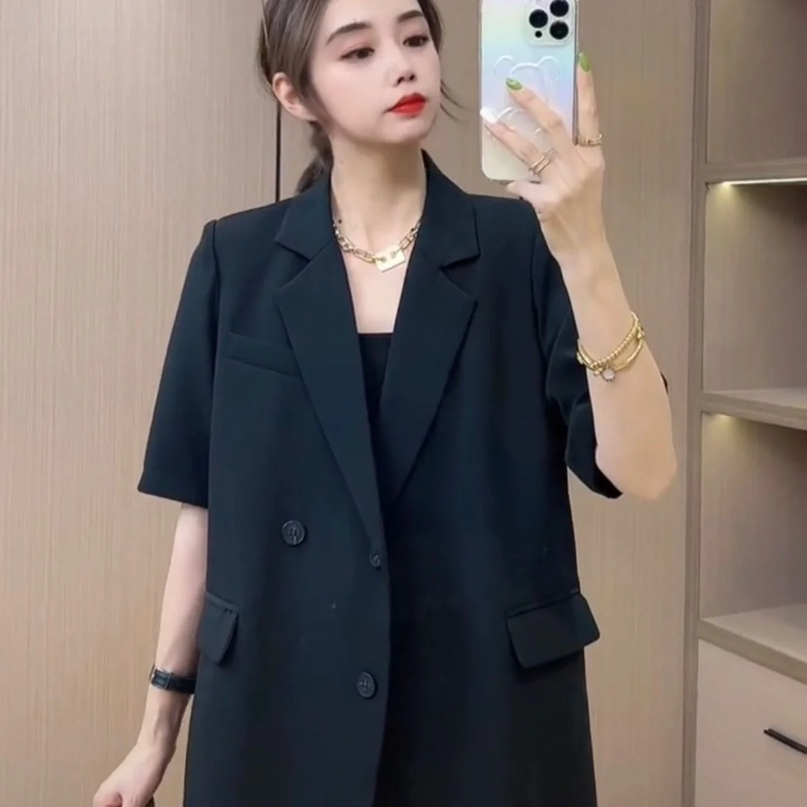 Surdimensionné femmes été costume épaulière confort auto-culture manches français noir cadeau recadrée s femme