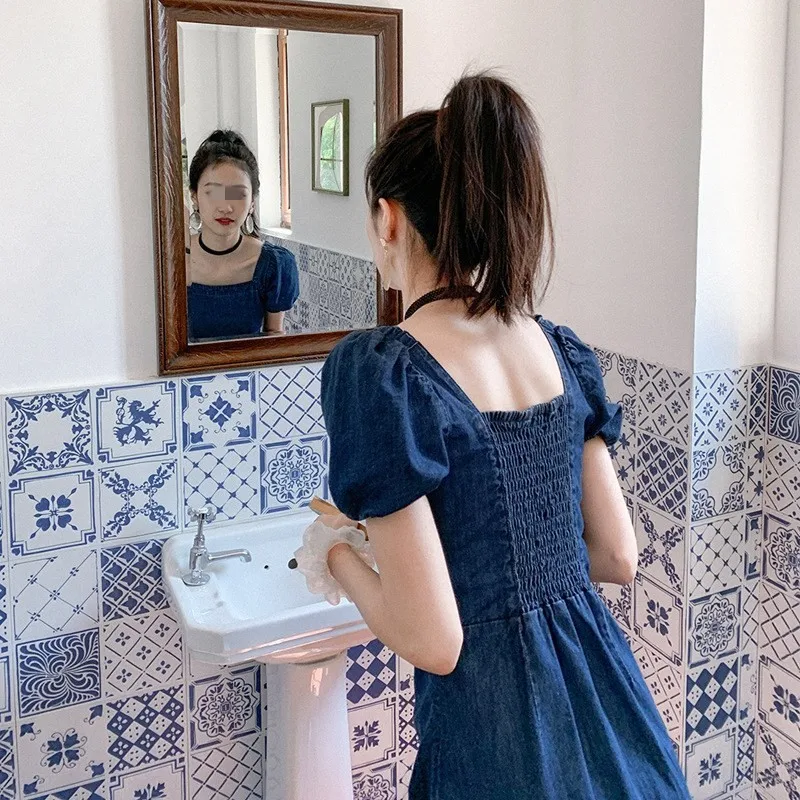 Summer 2025 Slimming Thin Bubble Sve Square Collar Denim Dr Tea Break Ele Cotton A-Line Dr for Women