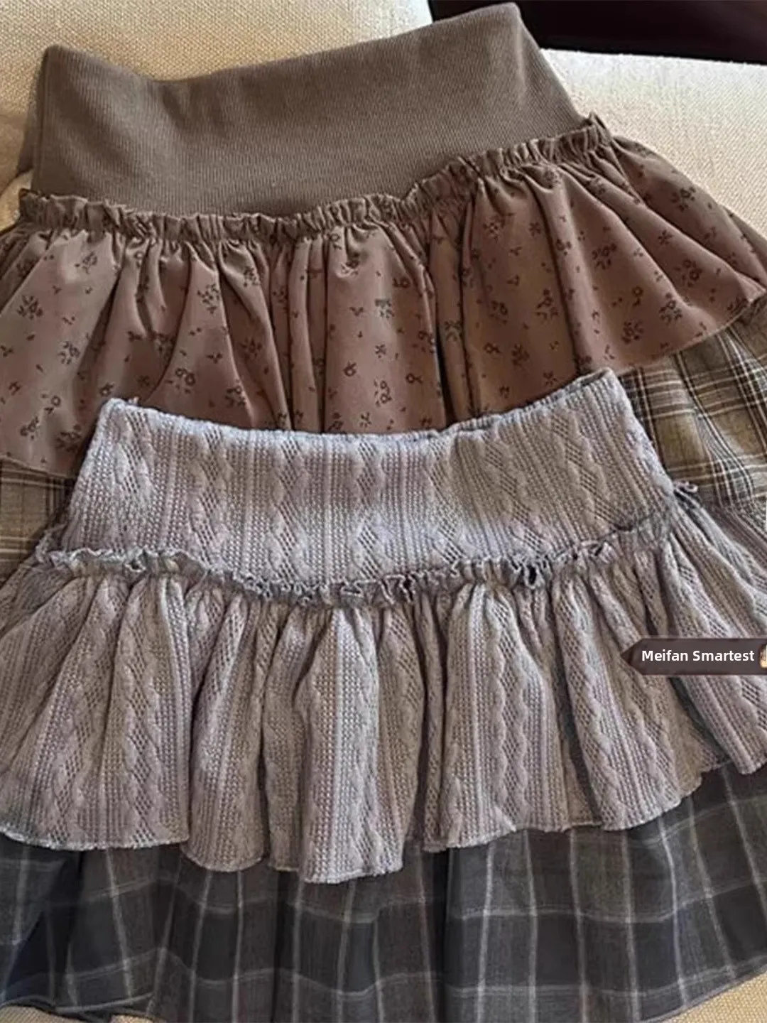 American Style Spliced Floral Plaid Cake Short Skirt Women's Spring Autumn High Waist A-Line Double Layer Fluffy Half Skirt