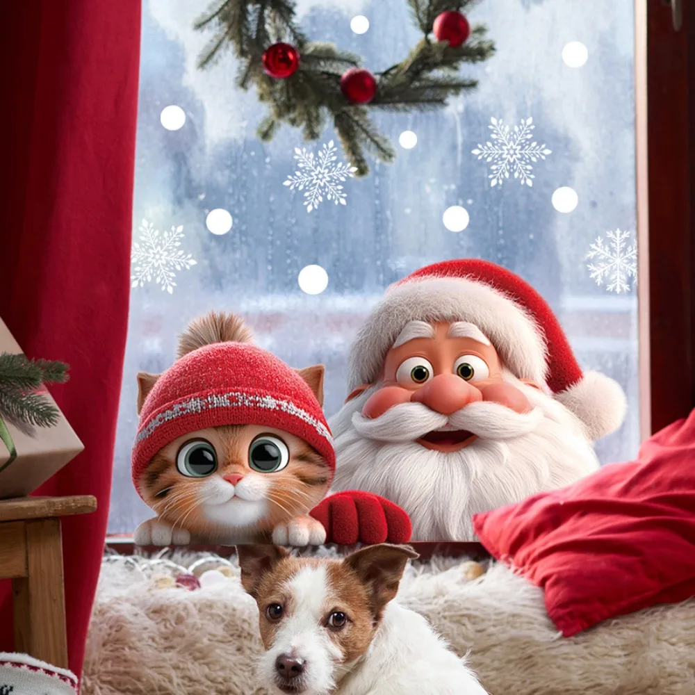 Wiederverwendbare Weihnachts-Fensteraufkleber, statisch haftend, PVC, Weihnachtsmann, Katze, Schneeflocke, für Glasspiegel, Zuhause, Party, keine Rückstände