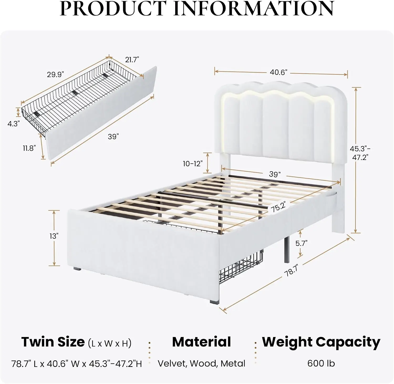 Twin Size Bed Frame LED Lights Storage Drawer White Upholstered Velvet Platform Bed Adjustable Wavy Headboard Noise Free Easy As
