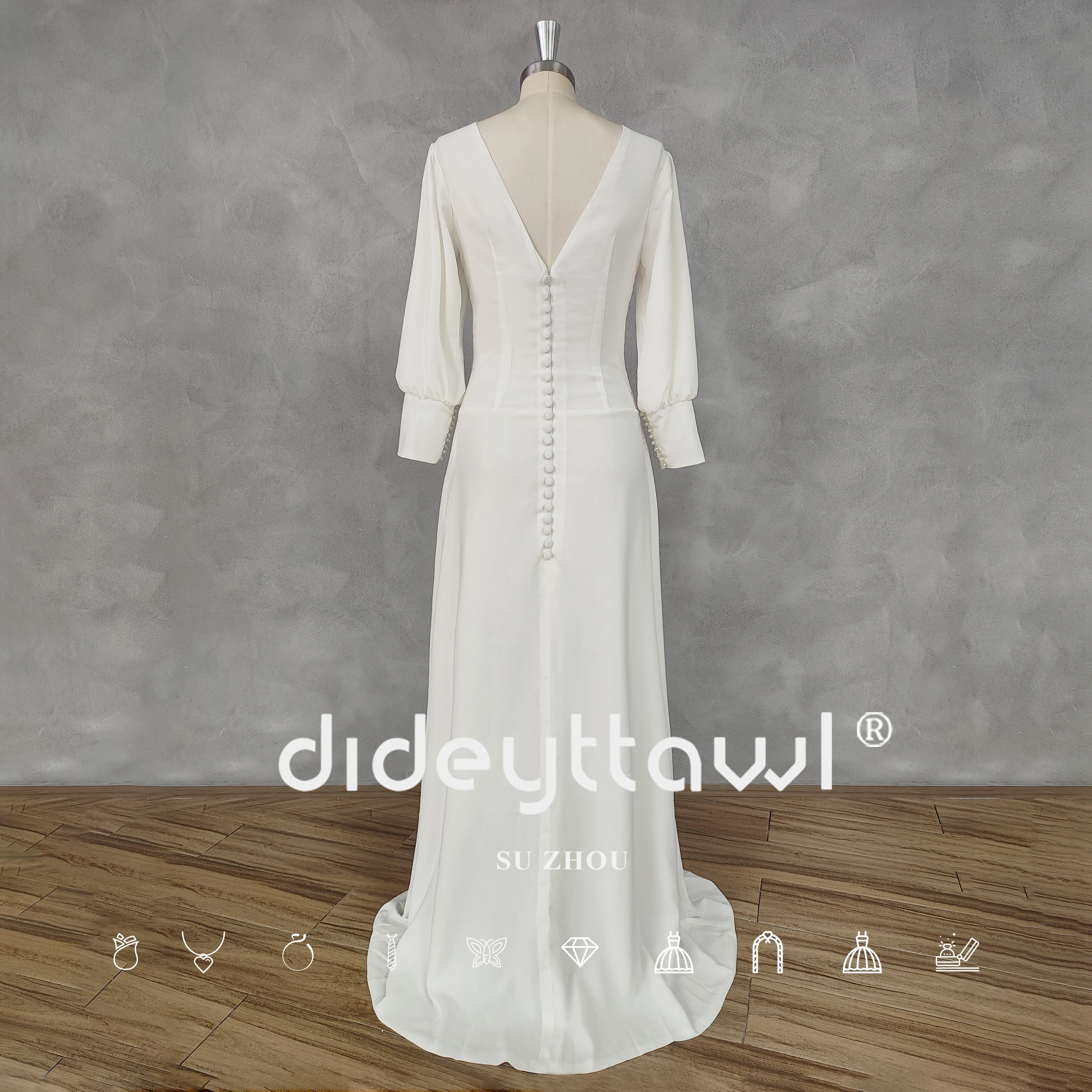 DIDEYTTAWL Real Picture V-Neck A-Line Long Puff Sleeves Crepe Wedding Dress Zipper Button Back Court Train Bridal Gown