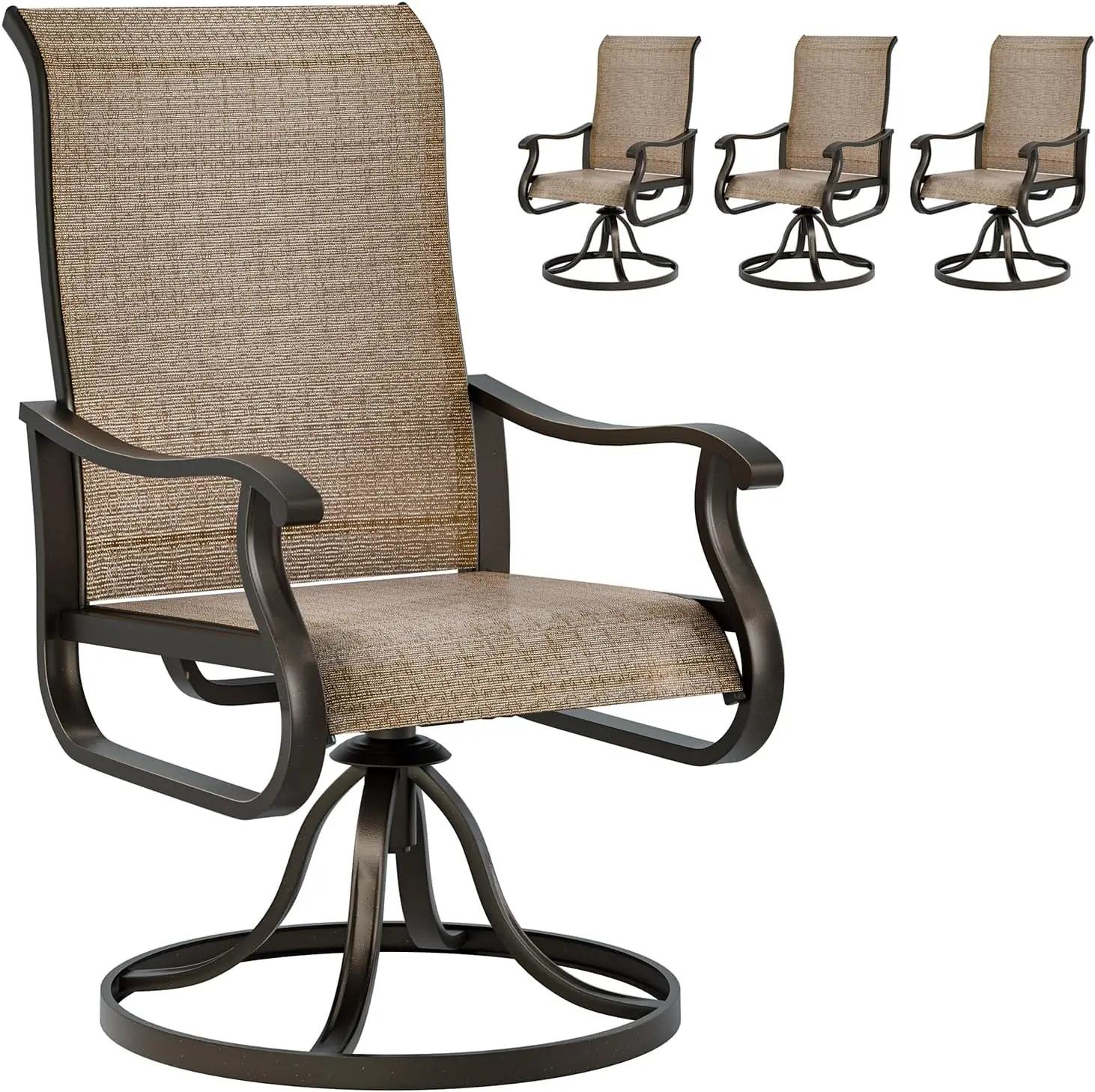 Patio Swivel Dining Chairs Set of 4, Outdoor Swivel Chairs High Back with All Weather Textilene Metal Rocking Frame, Brown