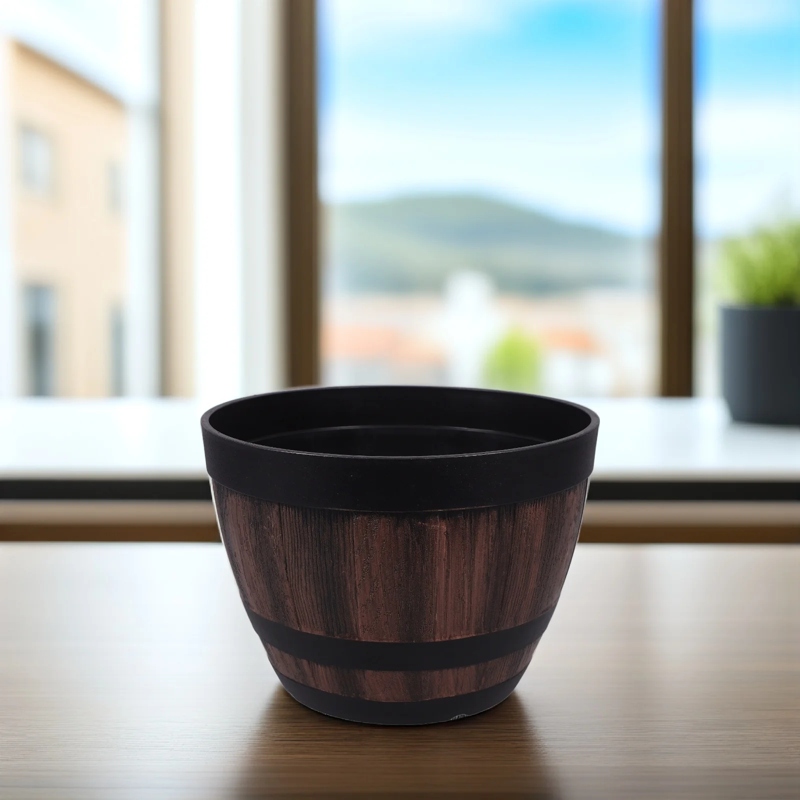 

Resin Flower Pot Vintage Barrel Planter with Drainage Hole for Lotus Water Lilies Garden Decor Plant Container