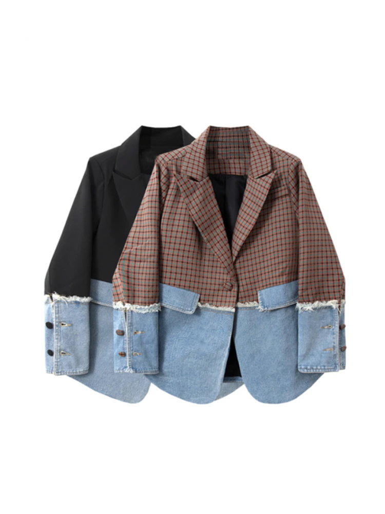 Plaid Suit Denim Stitch Jacket Women\'s Spring And Autumn Design Sense Korean Version Loose Long Sleeve Black Blazer Coat Female