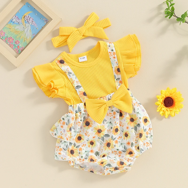 

Baby Girl 2 Piece Summer Set Fly Sleeve Sunflower Print 3D Bow Fake Two-Piece Romper Ribbed Headband Infant Toddler Outfits