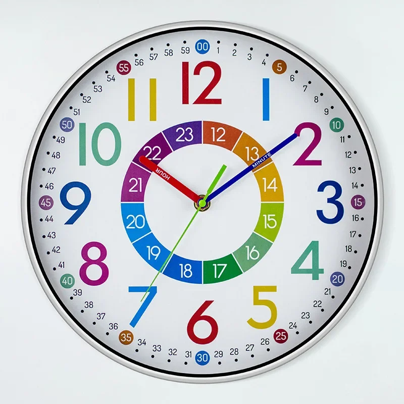 12 inch Non-Ticking Wall Clock Children Classrooms Teaching Clock Hanging Kids Room Silent Colorful Decorative Clock Home Decor