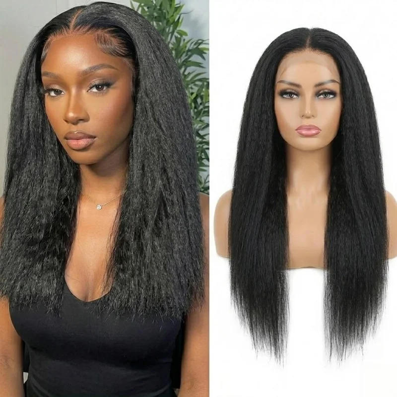 

24 Inch 13x4 Lace Front Black Kinky Straight Synthetic Wig, Pre Plucked Hairline, Natural Fluffy Heat Resistant Fiber for Women
