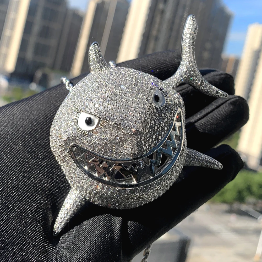 New Hip Hop Marine Animals Shark Pendants Necklace Silver Color Iced Out Bling Gold Cubic Zirconia Charm For Men Women Jewelry