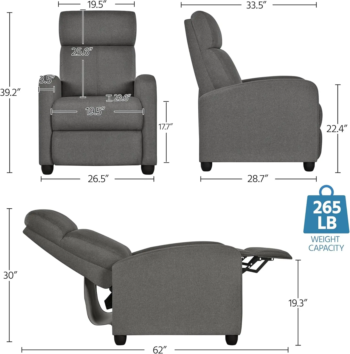 Silla reclinable de tela, sofá individual ergonómico ajustable con cojín de asiento más grueso, asientos modernos de cine en casa para sala de estar