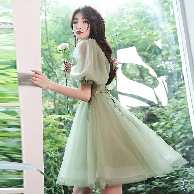 Green Sweat Puff Sleeve Lady Girl Women Princess Bridesmaid Banquet Party Ball Prom Short Dress Gown Sexy Bandeau Backless Club