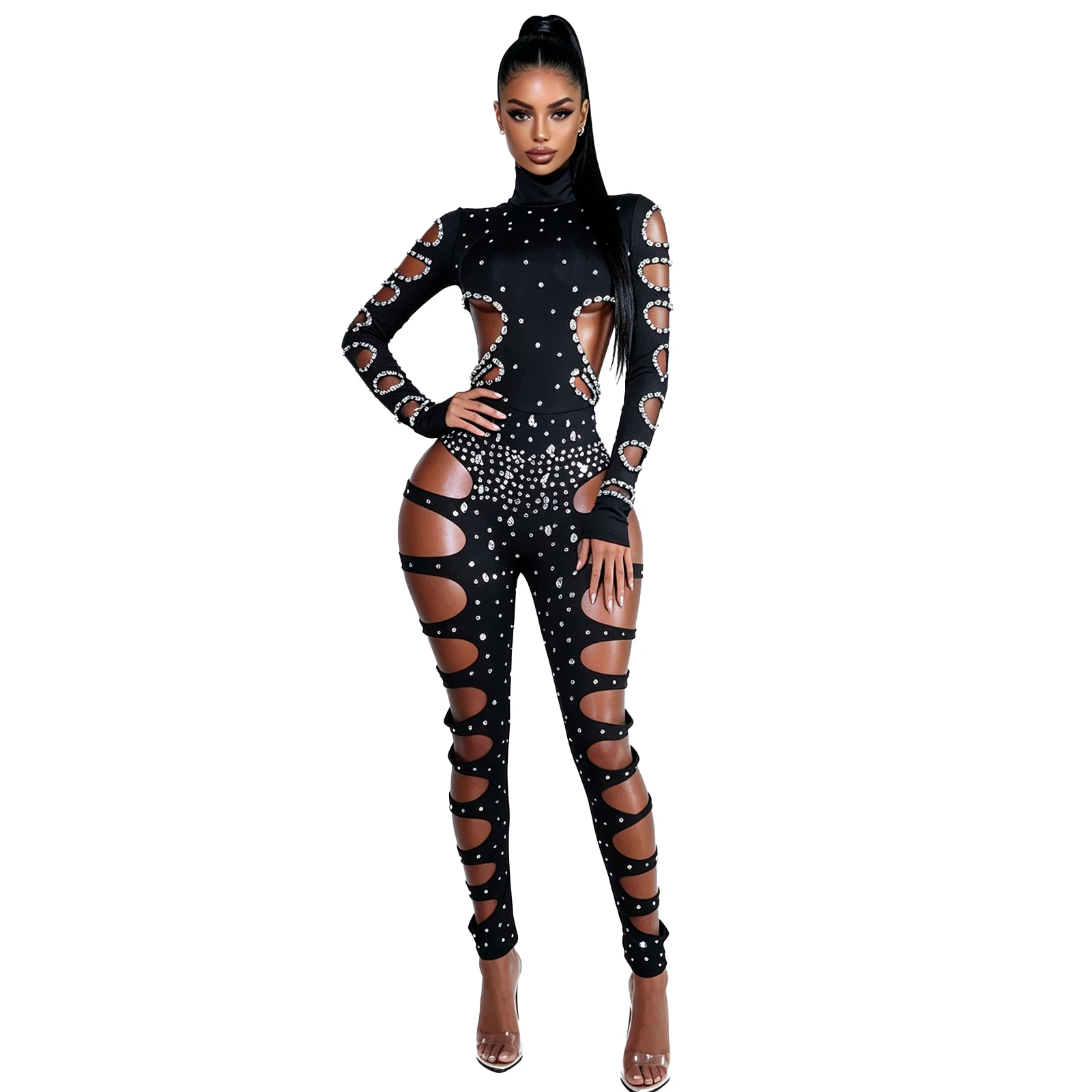 Rhinest Hollow Out Sexy Schwarzer Damen-Bodysuit mit Hose, Langarm-Rollkragen-Bodysuits, Clubwear-Kostüme, Stars Hot Singer Stag