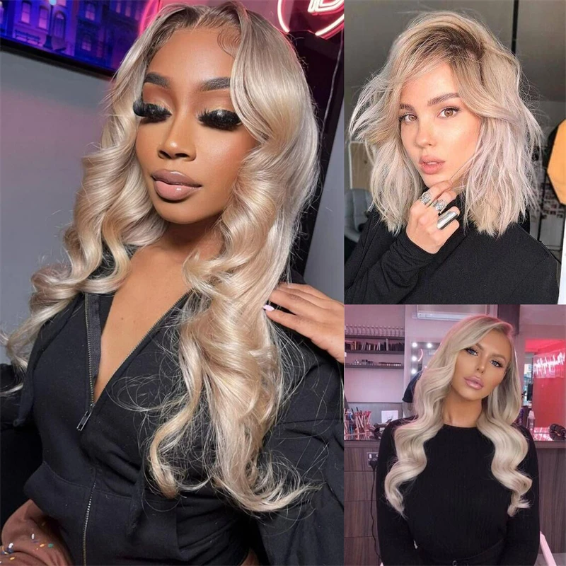 Ash Blonde Human Hair Wigs Brown Roots Colored 360 Lace Frontal Wig Natural Wavy Transparent Lace preplucked human wig