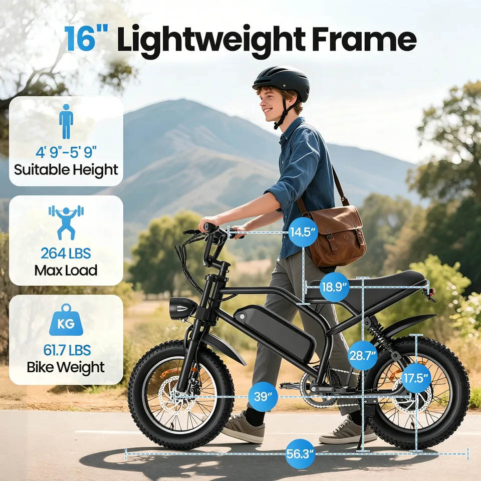Spacewalk 16" Electric Bike for Teens, Peak 1500W Ebike with 48V 15.6Ah Battery, Up to 65 Miles, Full Suspension Fat Tire E-bike, Electric Motorcycle Style Fit Age 13+，Black image 9