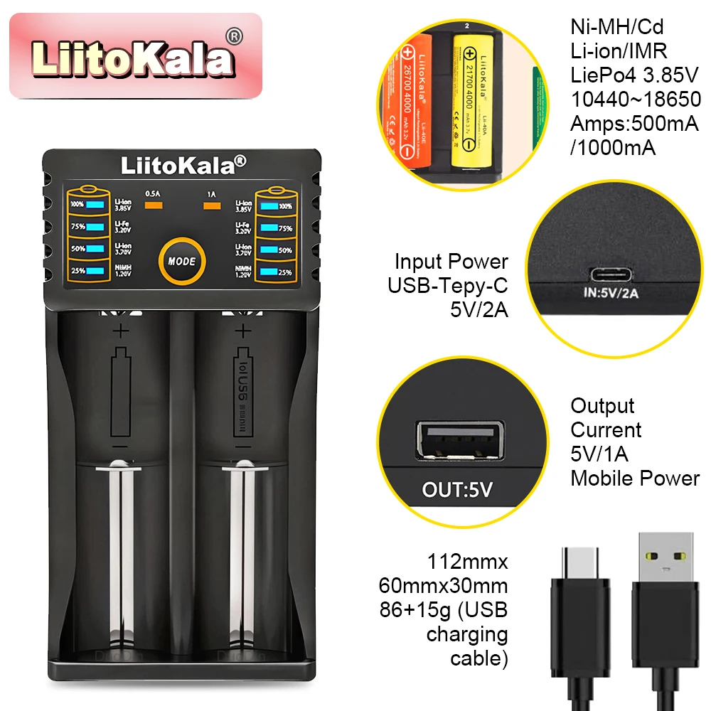 LiitoKala Lii-202 Smart Battery Charger USB C Dual Slot Fast Charge 18650 26650 Li Ion 3.7V 4.2V NiMH NiCd AA AAA 1.2V Portable