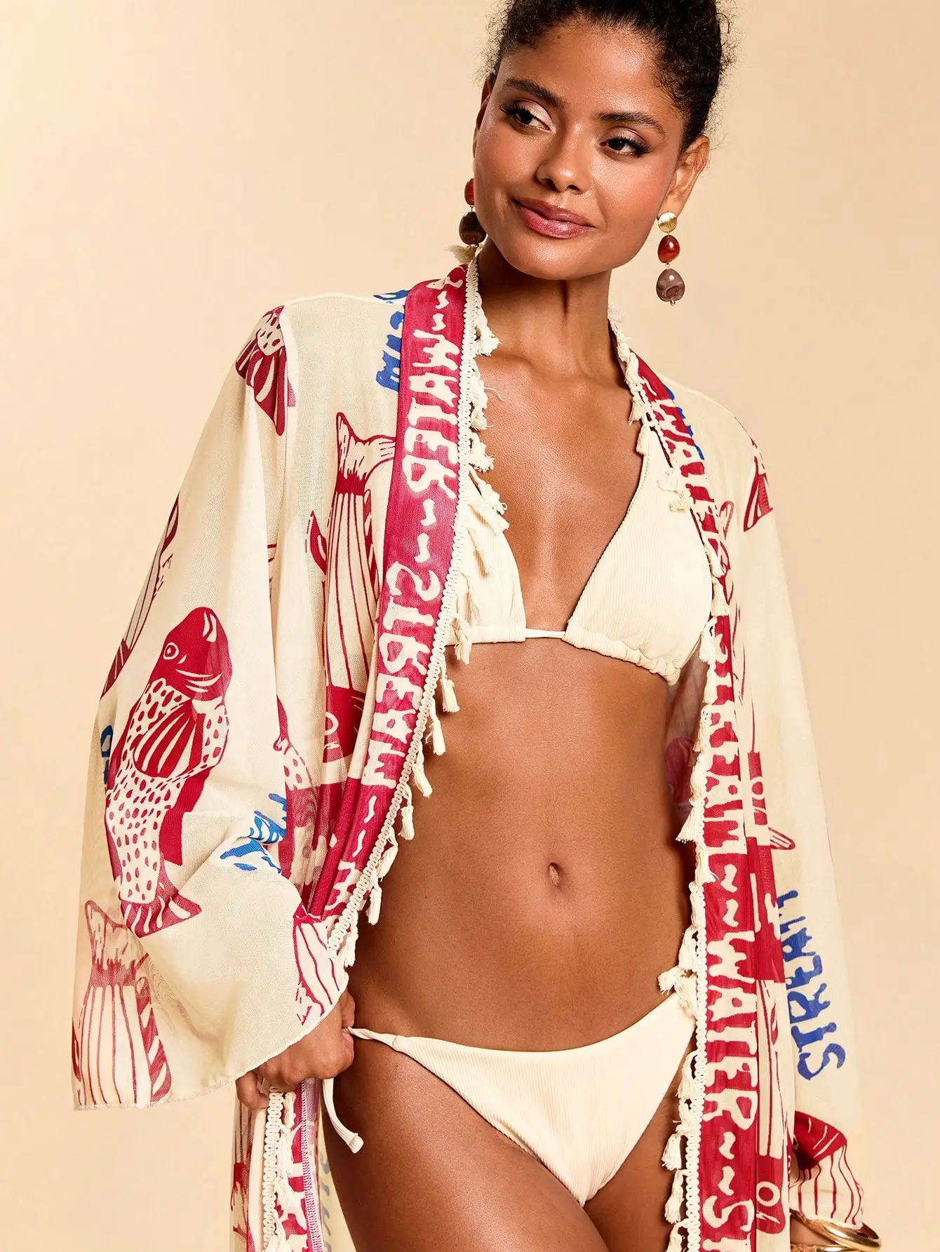 

Women's Fish & Letter Print Tassel Trim Loose Kimono Cover Up Beachwear