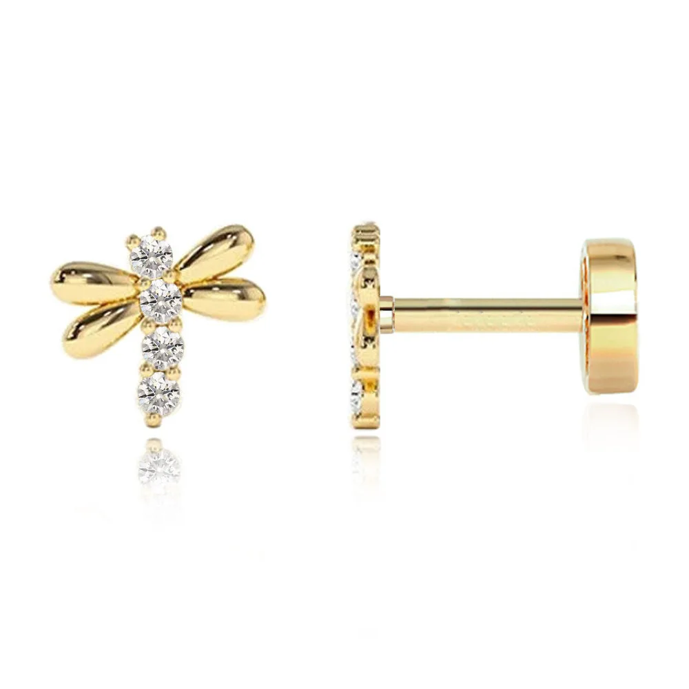 

925 Sterling Silver 1 Piece Dragonfly Women's Hypoallergenic Stackable Flat-Head Threaded Flat-Base Piercing Jewelry for Women