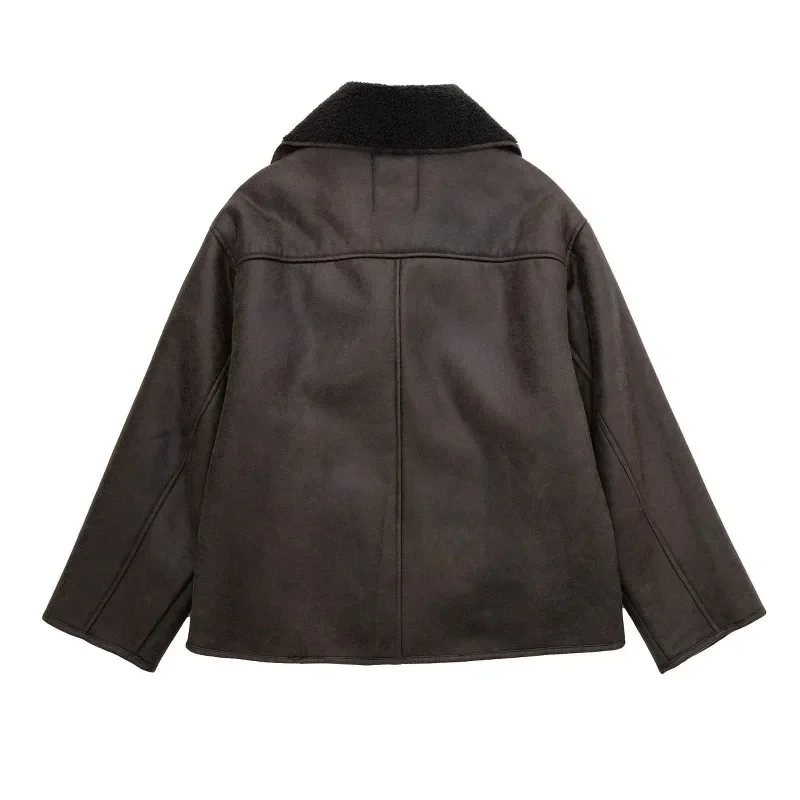 Chaquetas Vintage de piel sintética empalmadas gruesas para mujer, abrigo de manga larga con solapa cálida y un solo pecho, prendas de vestir exteriores de calle para invierno para mujer