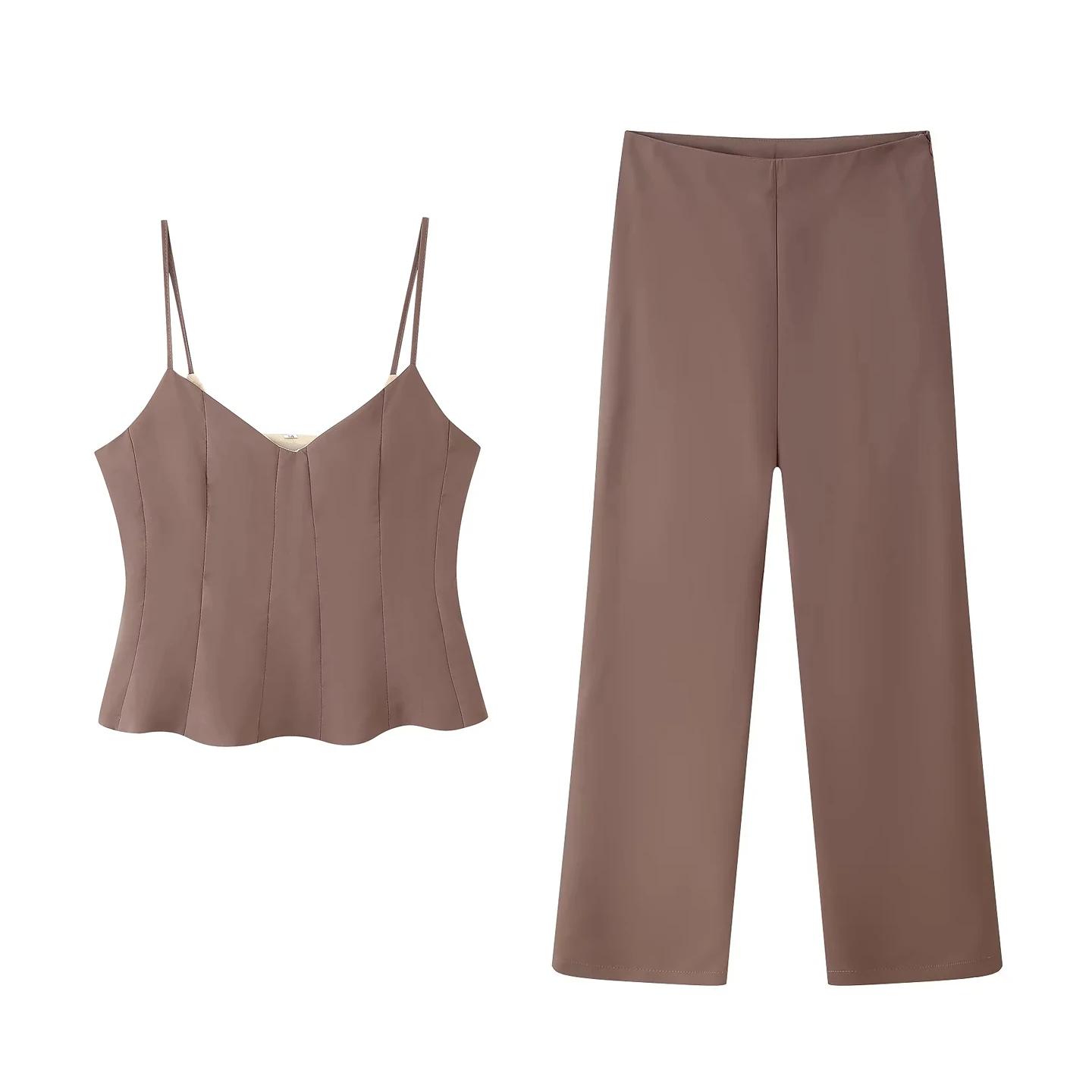 Setelan Fashion Dua Potong Wanita Musim Panas, Atasan V-neck Slim Fit dan Celana Panjang Kasual High Waist Straight Leg