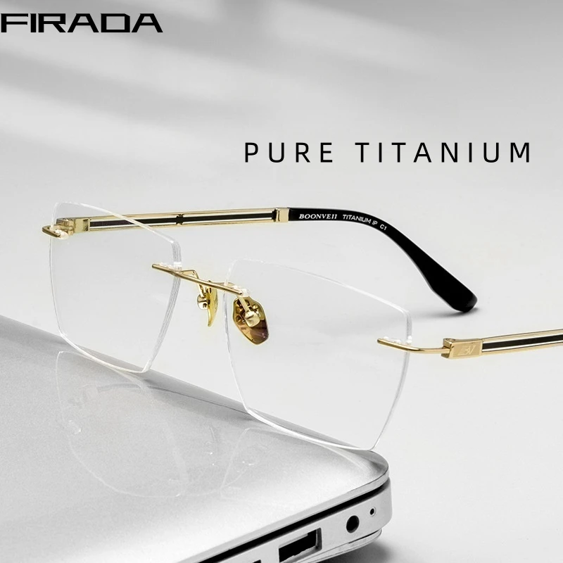 FIRADA Fashion Comfortable Eyeglasses Retro Pure Titanium Rimless Eyewear Business Prescription Glasses Frame Men Women BV6037V