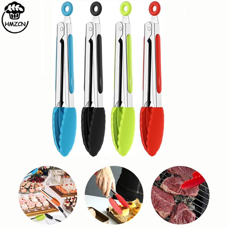 Pinzas de silicona para comida de 7 pulgadas, pinzas de cocina de acero inoxidable, antideslizantes, para barbacoa, ensalada, herramientas de cocina Pinzas de silicona para cocinar resistentes al calor  Pinzas de