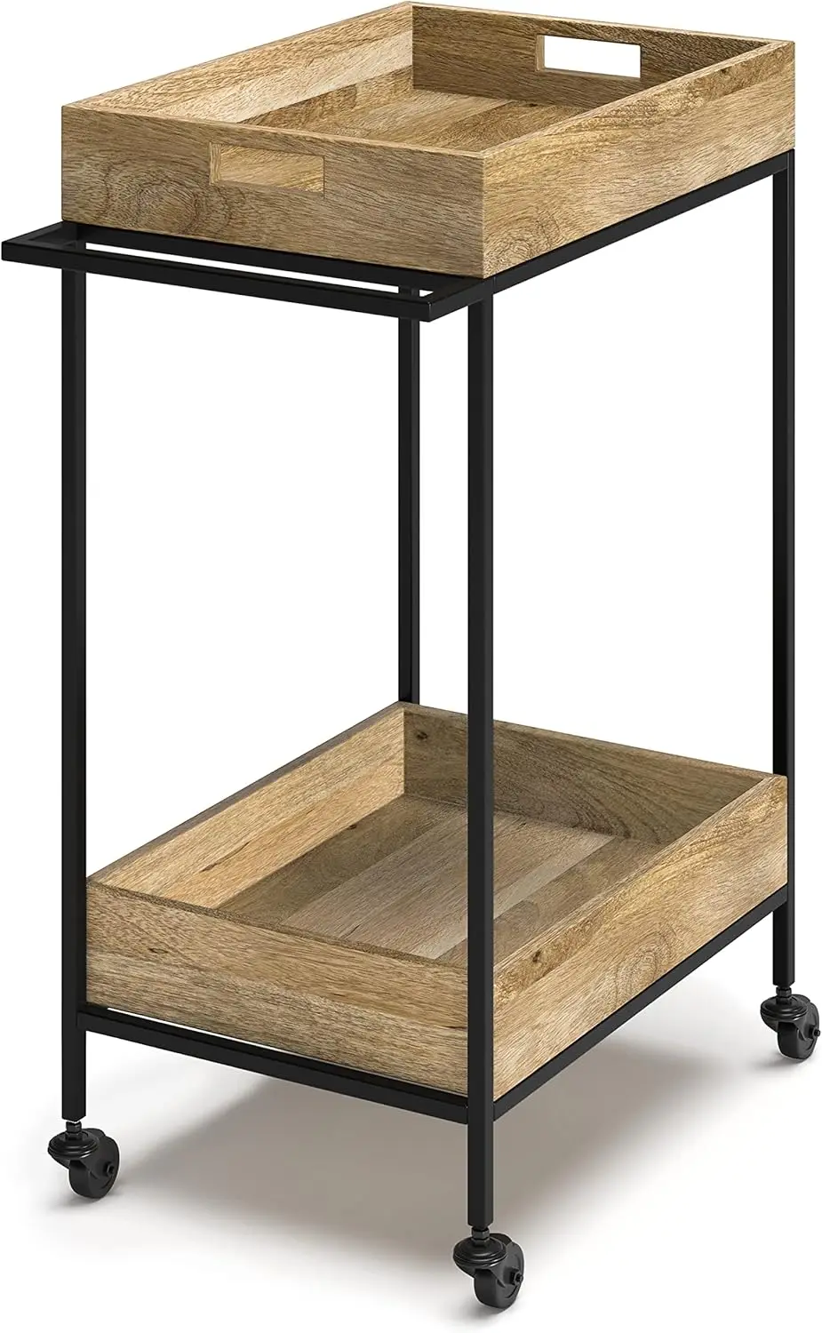 Simplihome Simons 24 Inch Wide Solid Mango Wood Industrial And Contemporary Bar Cart In Natural, For The Living Room, Dining
