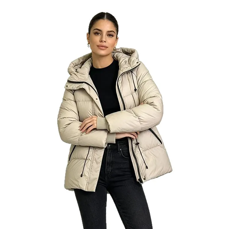 Autumn Winter Women Slim Hooded Padded Jacket 2026 New Solid Waist-cinching Zipper Parka Coat Casual Slim Outwear Overcoat