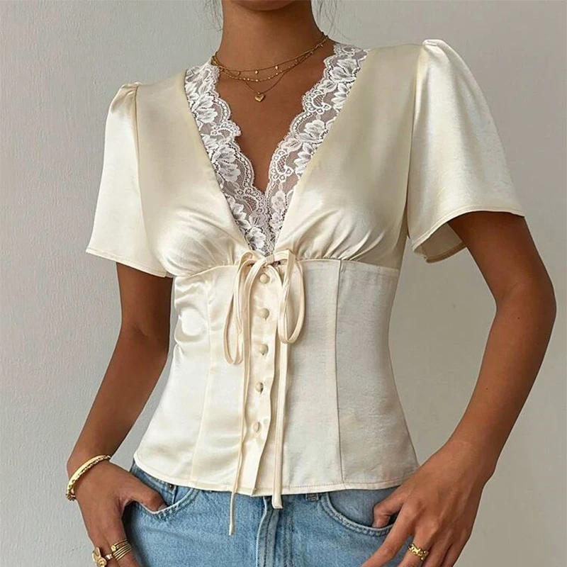 

Trendix Bandage Lace Tops For Women V Neck Patchwork Fashion Short Sleeve T Shirts Ladies 2026 Street Casual Slim Party Shirts