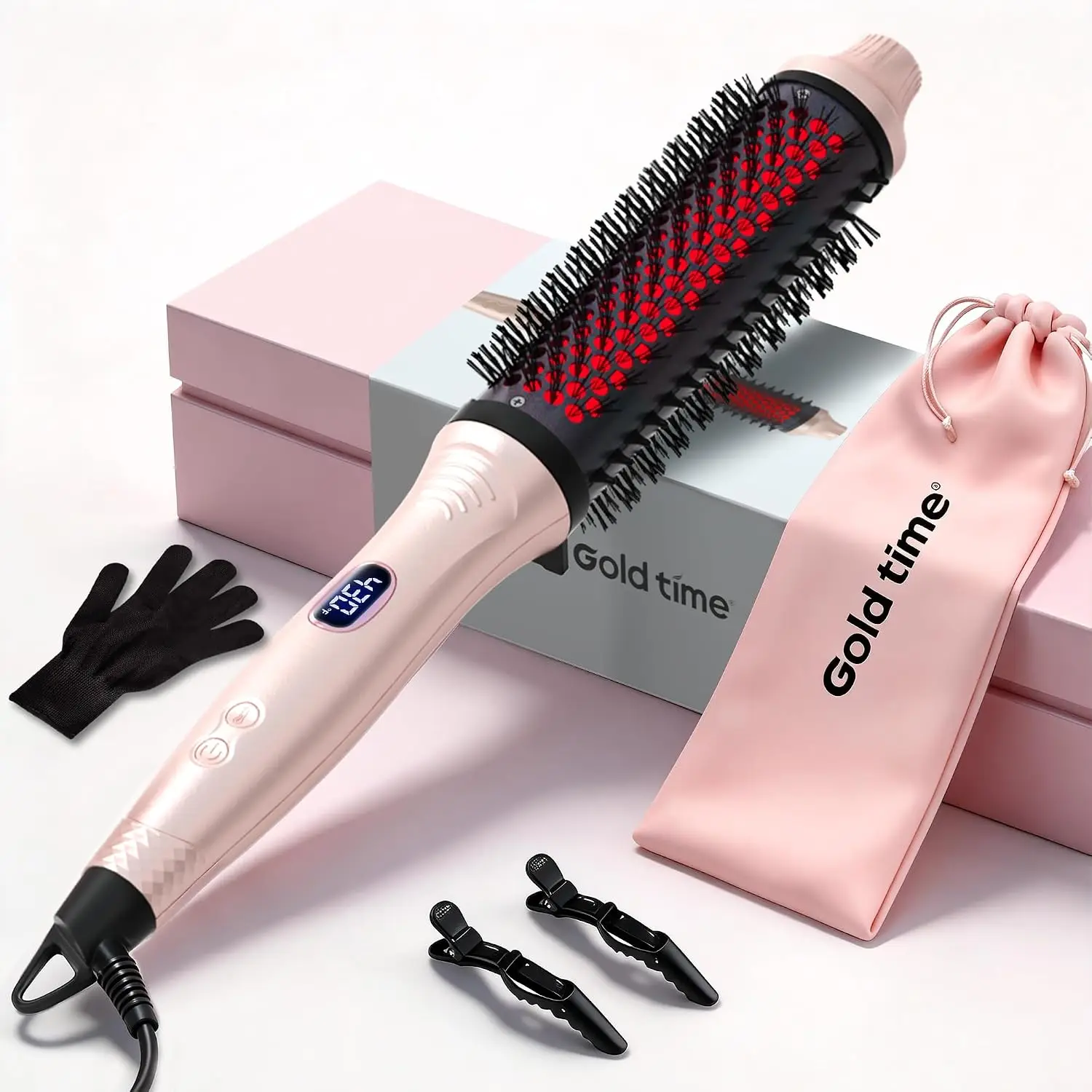 1.6 Inch Ionic Heated Round Brush Hair Straightener & Curler, 6 Heat Settings, LED Display, Dual Voltage, Auto Shut-Off, Pink