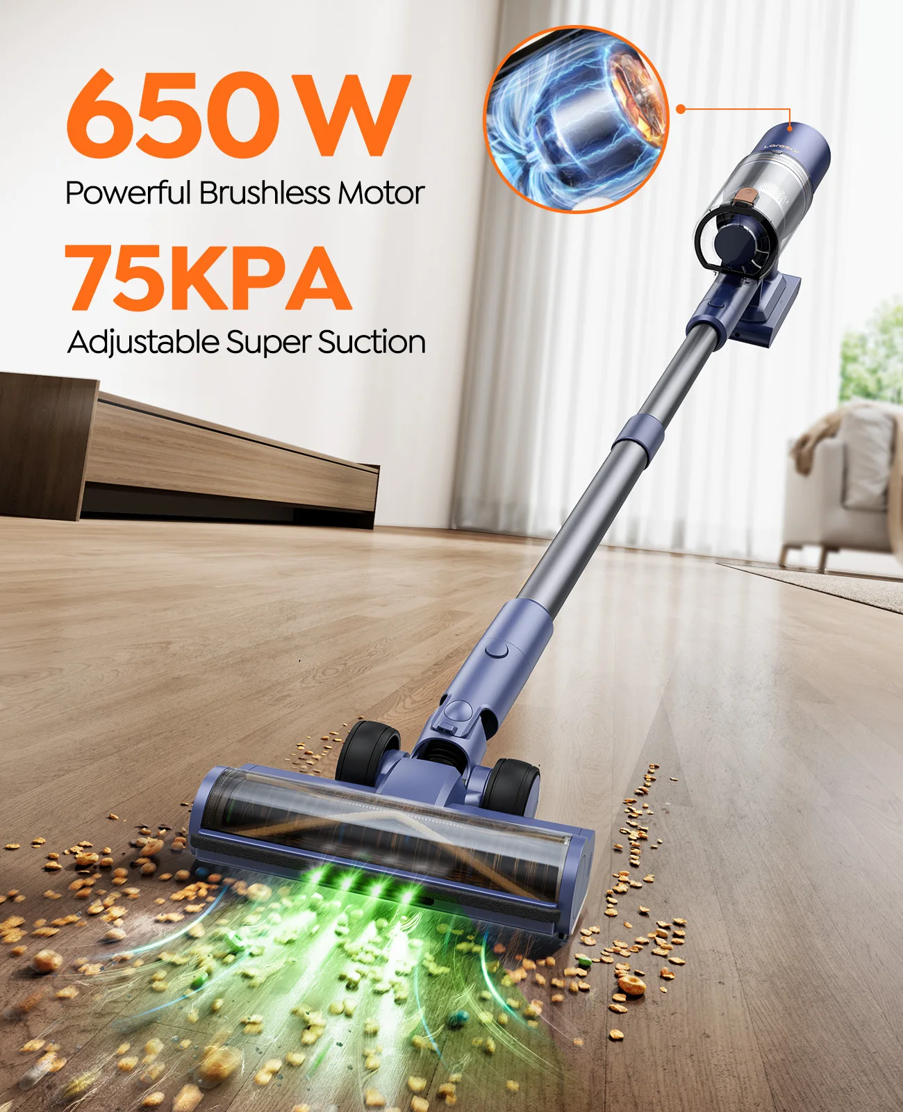 เครื่องดูดฝุ่นไร้สาย Laresar V11 650W 75000PA กำลังสูงพิเศษ, ใช้งานได้นาน 90 นาที, แบตเตอรี่ถอดได้ & หน้าจอแสดงผลอัจฉริยะ