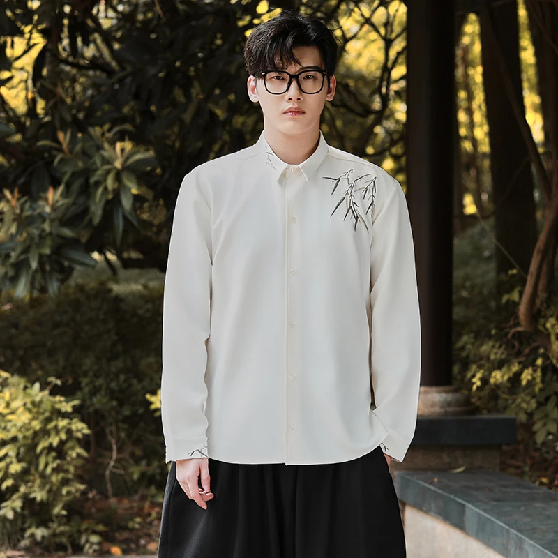 

White Long Sve Men's irt Bamboo Embroidery Spring Autumn New Chinese Sle Jaet Youth ular Loose Fit Hanfu