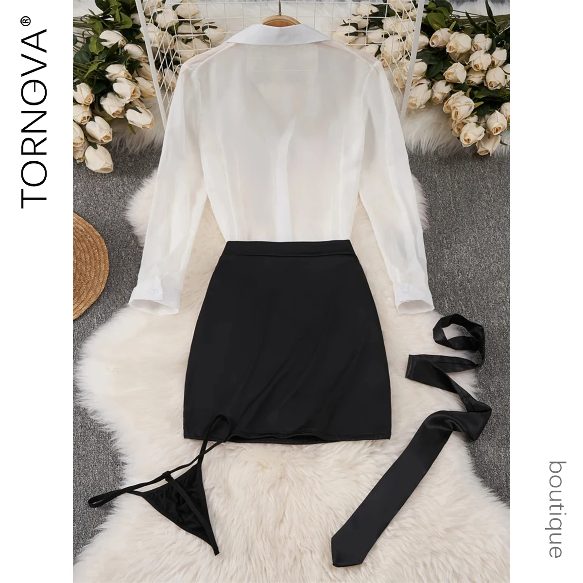 Tornova Preppy Style Sexy Uniform Sets Women Sexy Uniform Suit Sheer Top+Lace Up Mini Skirt+Thongs Hollow Cosplay Porn Suits New image 4