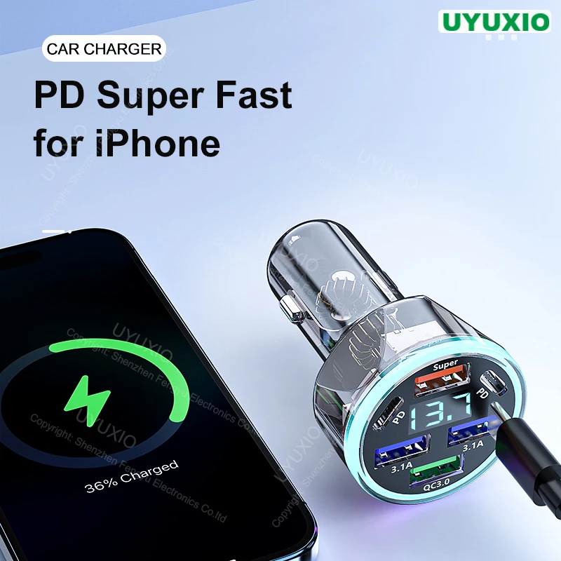 UYUXIO Multi Port USB C Car Phone Charger Adapter with Voltage Display Extend Port Super 6 in 1 Fast Charge for iPhone Samsung