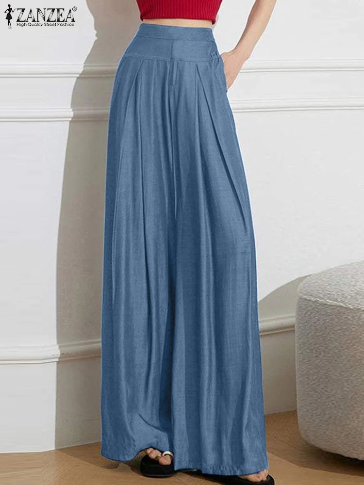 

Fashion Women High Elastic Waist Trousers ZANZEA Autumn Wide Leg Pantalon Female Elegant Loose Pants Soft Denim Blue Palazzo