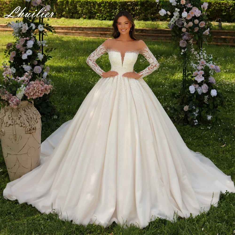 

Lhuilier Ball Gown O Neck Beaded Lace Wedding Dresses Floor Length Full Sleeves Bridal Gowns with Chapel Train