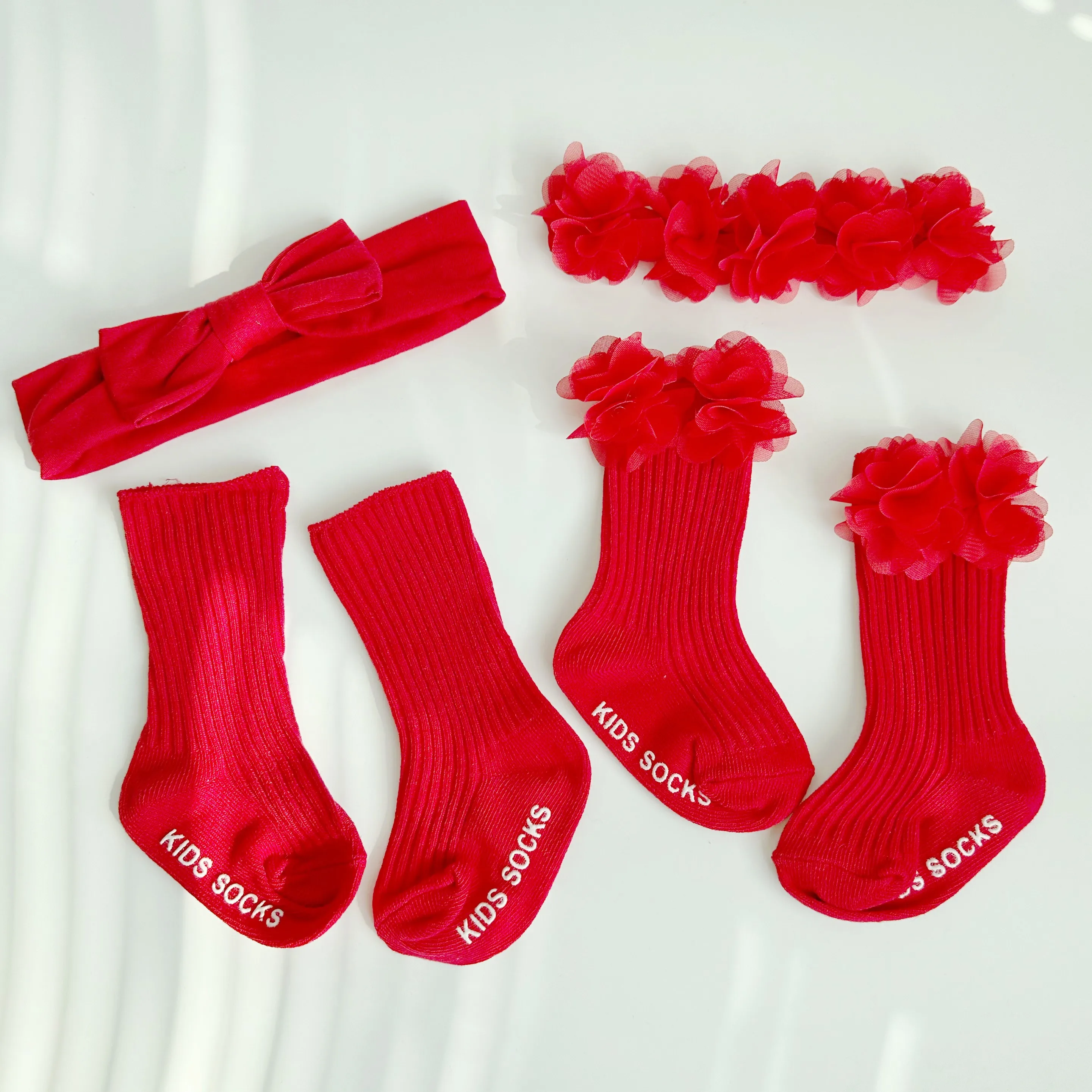 Baby Flower Headbands Mid Socks 2Pcs Red Set Soft Bows Hairband Cotton Knitted Socks Girl Infant New Year Shower Gift