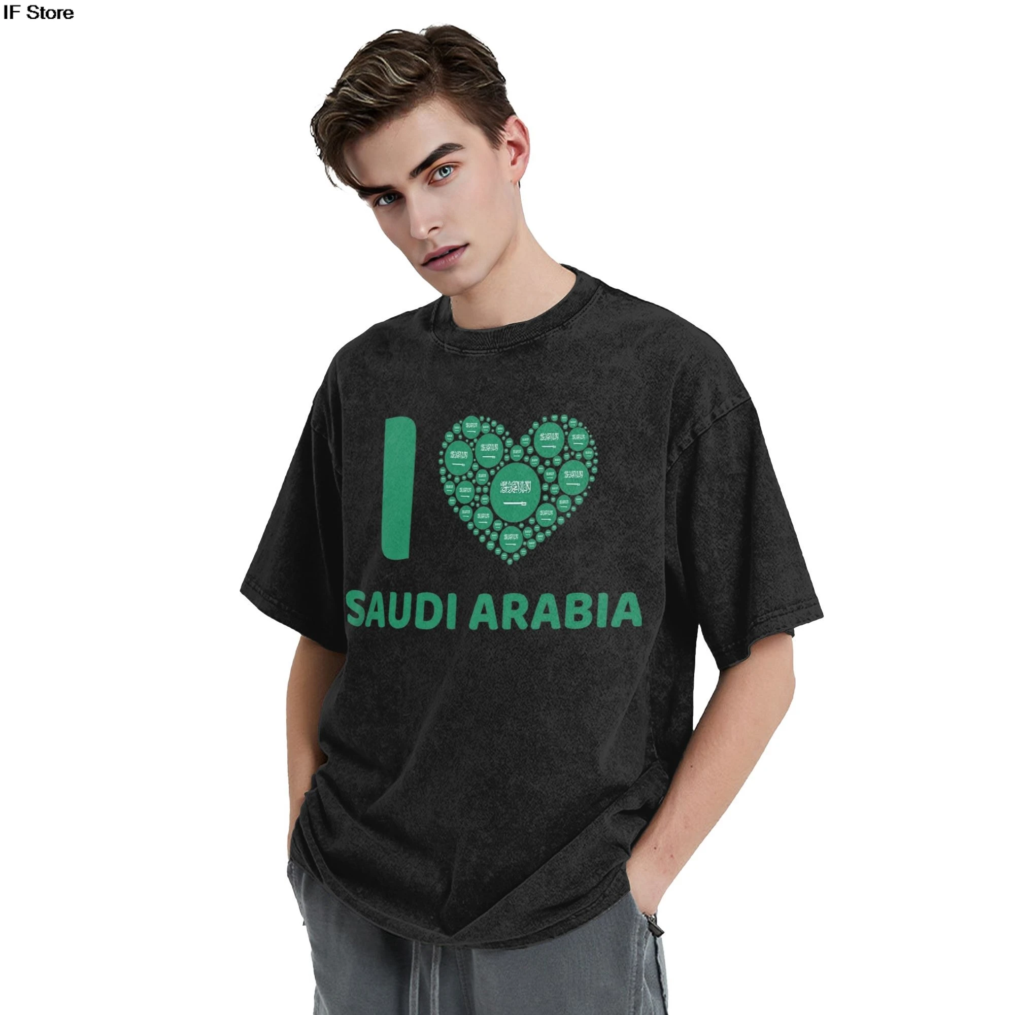 

I LOVE SAUDI ARABIA Washed T Shirt Saudi Arabia National Day Gift Hip Hop T-Shirt Tops Men Women Harajuku Summer cotton T Shirt