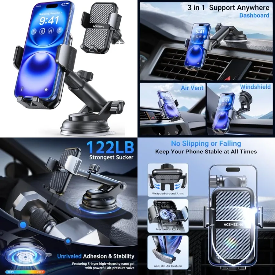3-in-1 Car Phone Holder [122+LBS Strongest Suction and Stable Clamp Arm] 360° Adjustable Car Phone Mount Cell Phone Holders for