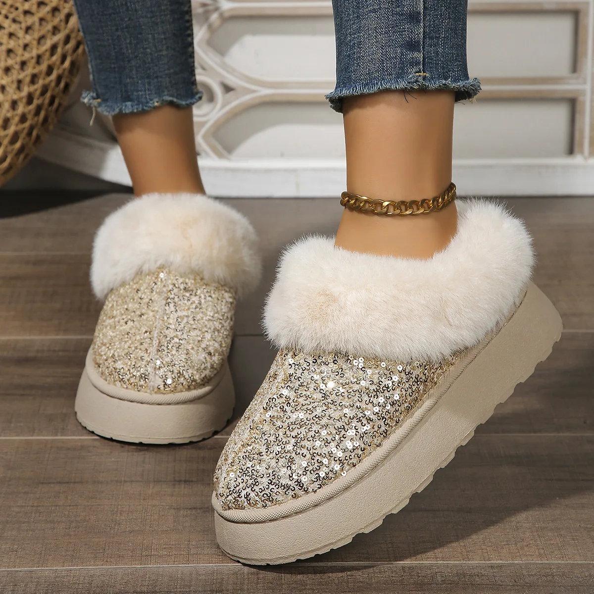 Faux Fur Winter Boots Women 2024 Fashion Sequined Cloth Warm Snow Boots Woman Non-Slip Thicken Plush Ankle Booties Plus Size 44