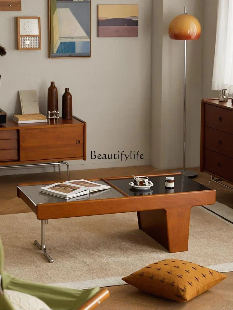 

GG8Medieval style coffee table cherry wood Japanese rock slab living room Changhong glass tea table