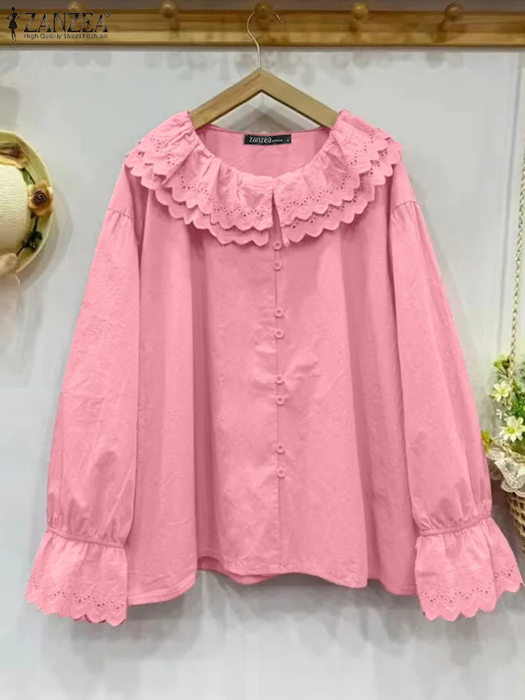 

Simple Solid Color Sweety Tops ZANZEA Women Doll Collar Blouses 2024 Casual Long Sleeve Blusas Fashion Lacing Splicing Tunics