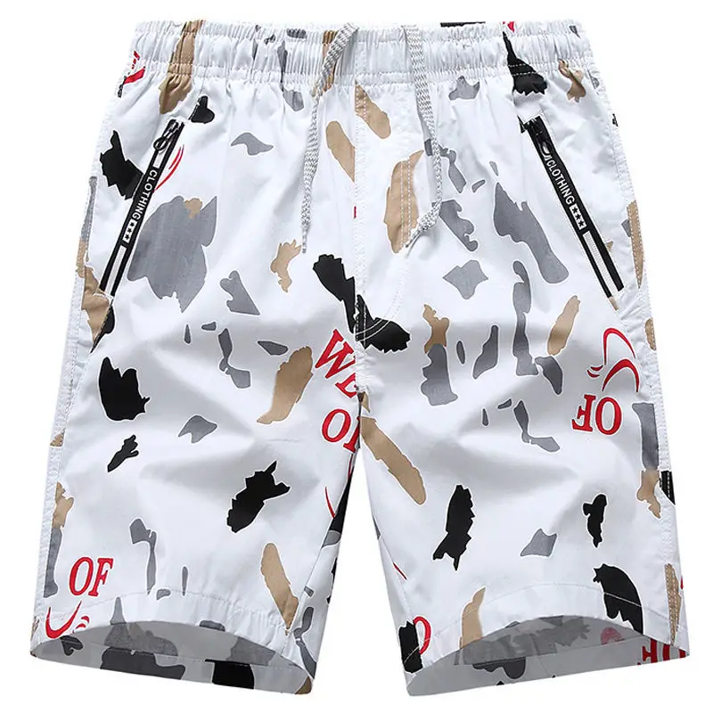 Trendy Brand Fashion Summer Men's Elastic Waist Drawstring Printing Pockets Young Style Loose Straight Knee Length Board Shorts