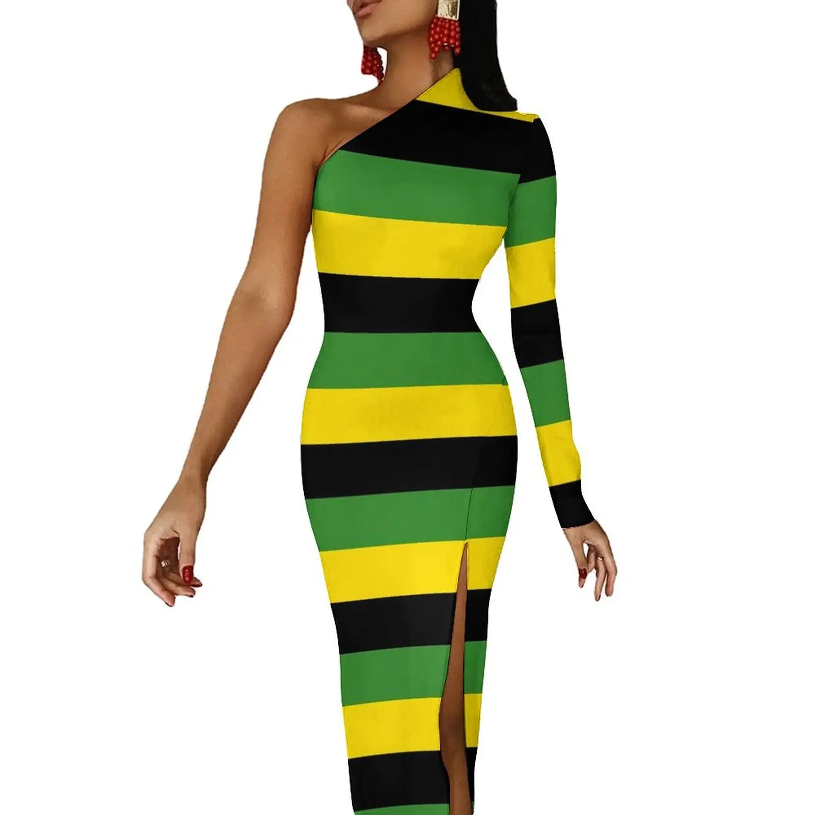 Jamaica Flag Long Dress Female Black Yellow Green Stripes Streetwear Maxi Dress Autumn Elegant Bodycon Dresses High Slit Vestido