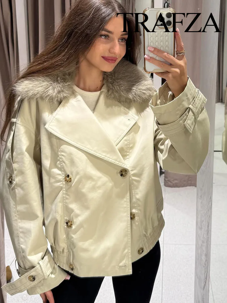 

TRAFZA Female Lapel Double-Breasted Pocket Design Elegant Short Coats Women Autumn Winter Casual Loose Streetwear Style Jackets